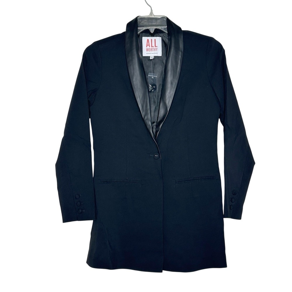 All Worthy Hunter McGrady Blazer 4 Black Faux Leather Shawl Collar Longline Chic